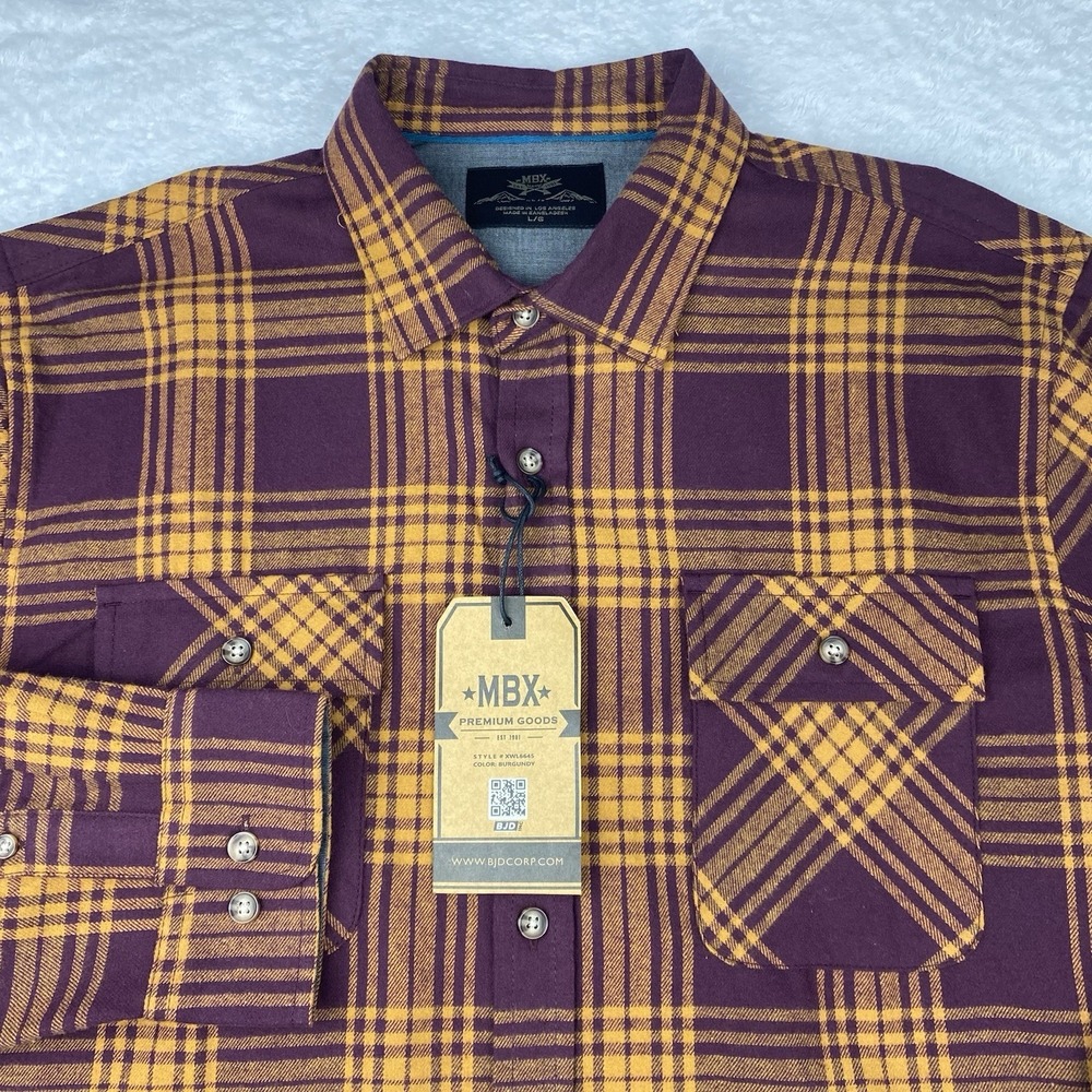 MBX‎ Flannel Collection Shirt Mens Large Burgundy/Gold Plaid New w/Tags!